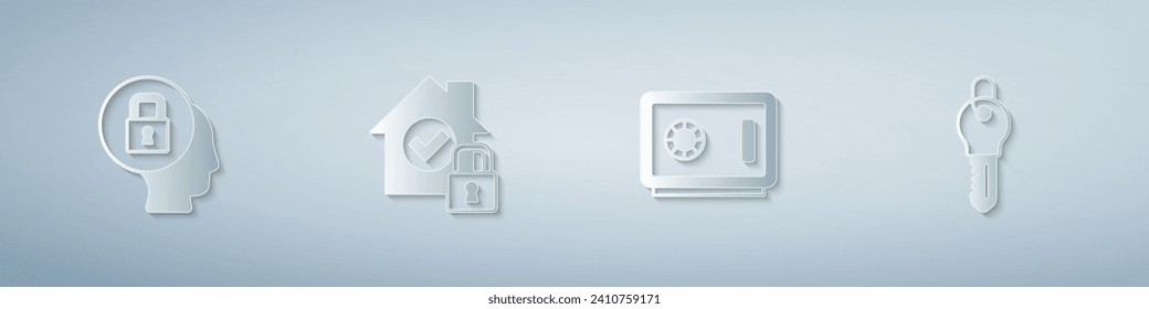 Set Lock, House under protection, Safe and Key. Paper art style. Vector