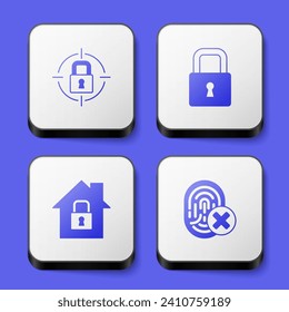 Fijar el bloqueo, la casa bajo protección y el icono de huella digital cancelada. Botón cuadrado blanco. Vector