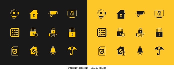 Set Lock, House under protection, Ringing alarm bell, Shield security with lock, Security camera,  and  icon. Vector