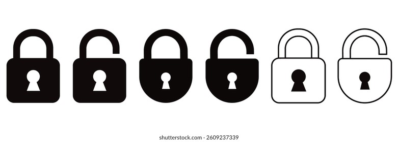 Set of  Lock icon collection. Locked and unlocked black line icon set. Flat security symbol. Vector illustration. 