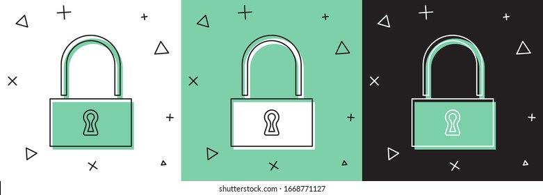 Ajuste el icono Bloquear aislado en fondo blanco y verde y negro. Signo de candado. Seguridad, protección, concepto de privacidad. Ilustración vectorial