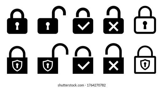 Set of lock icon, padlock silhouette with transparent check mark