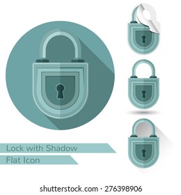 set of lock icons in flat style with different shadow. oval shadow, long shadow and lock icon folded corner on white 