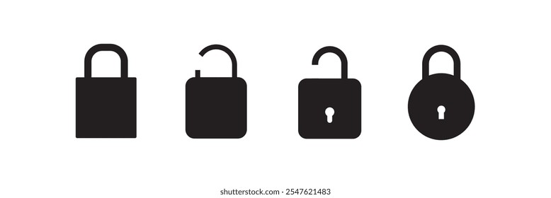 Set of lock icons, lock icon. Close and open lock symbols. Icons of locked and unlocked lock on white background. Safety symbols. Vector illustration.