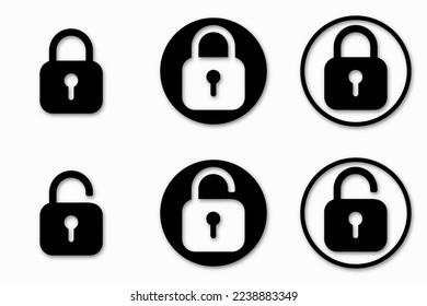 Set of lock icons, lock icon. Safety symbols. Vector illustration. Close and open lock padlock symbols. Sign of locked and unlocked padlock.
