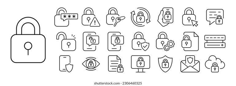 Juego de iconos de bloqueo. Ilustraciones que muestran diversos tipos de cerraduras y mecanismos de bloqueo, como llaves, candados, cerraduras de puertas.