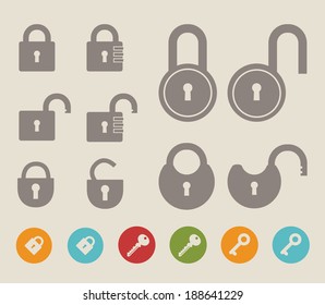 Set of lock  icons and keys. Vector illustration.