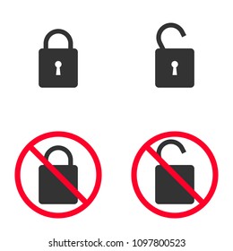 set of lock icons open and closed, prohibiting sign circle red crossed, isolated symbols
