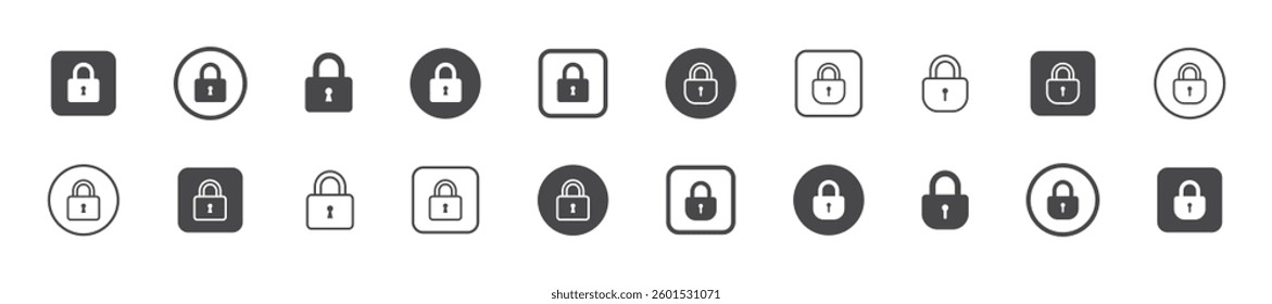 Set of lock icons, padlock icon. Lock, icons in circles and squares. Safety symbols. Vector illustration. EPS10.