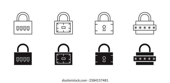 Set of lock icons. Security system, open and closed lock symbol.