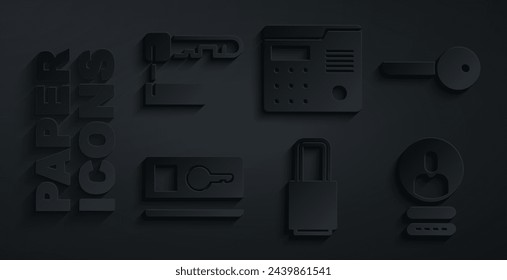 Set Lock, Key, card, Create account screen, House intercom system and Marked key icon. Vector