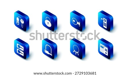 Set Lock, Key, Digital door lock, House intercom system, Bunch of keys, Bicycle, Casting and with icon. Vector