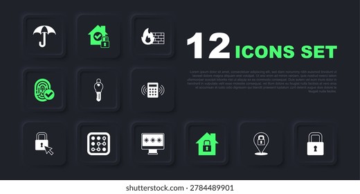 Set Lock, Key, House under protection, Fingerprint, Graphic password,  and Monitor with icon. Vector