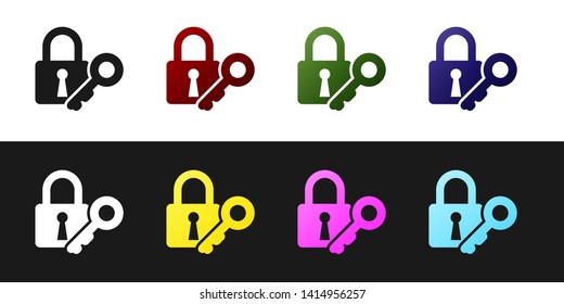 Set Lock and key icon isolated on black and white background. Padlock sign. Security, safety, protection, privacy concept. Vector Illustration