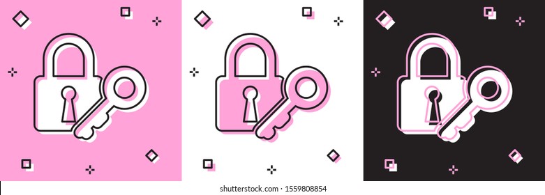 Set Lock and key icon isolated on pink and white, black background. Padlock sign. Security, safety, protection, privacy concept.  Vector Illustration