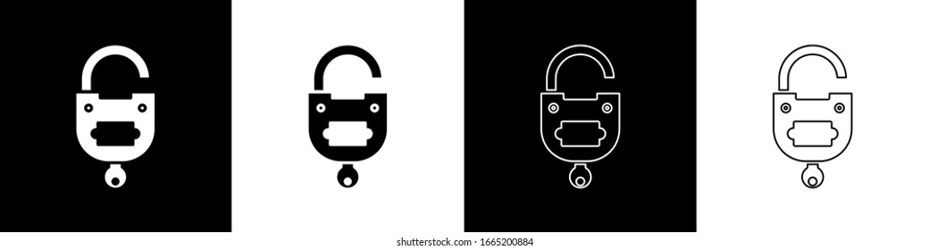 Set Lock and key icon isolated on black and white background. Padlock sign. Security, safety, protection, privacy concept.  Vector Illustration