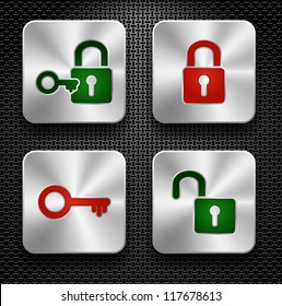 Set of lock and key icons. Steel buttons over metallic textured background
