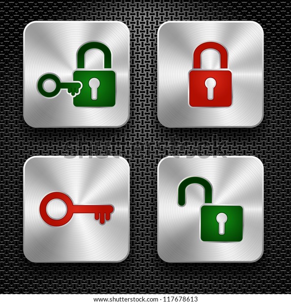 Set of lock and key icons. Steel buttons over\
metallic textured\
background
