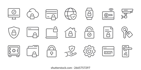Conjunto de iconos de bloqueo y línea de llave. Trazo Editable. Pixel perfecto.