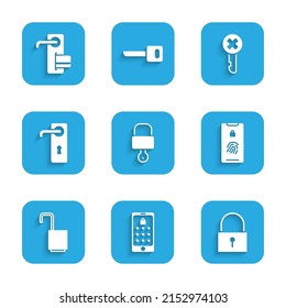 Set Lock And Key, Mobile Graphic Password, With Fingerprint Scan, Open Padlock, Door Handle, Wrong And Digital Door Icon. Vector