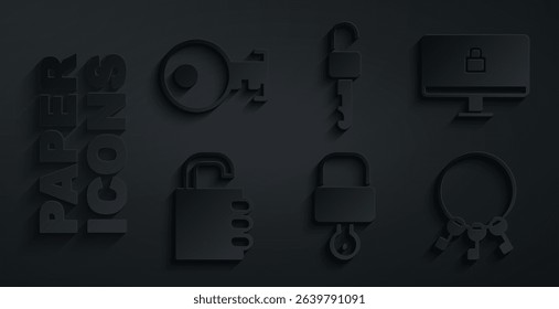 Set Lock and key, on computer monitor, Safe combination lock, Bunch of keys, Unlocked and Key icon. Vector