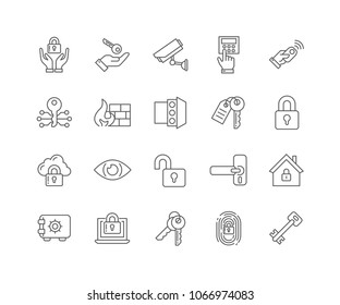 Set of Lock and Key outline icons isolated on white background.