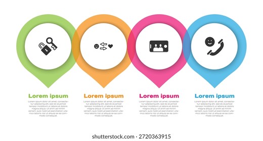 Set Lock con llave, relación romántica, Selfie móvil y llamada entrante. Plantilla de infografía de negocios. Vector