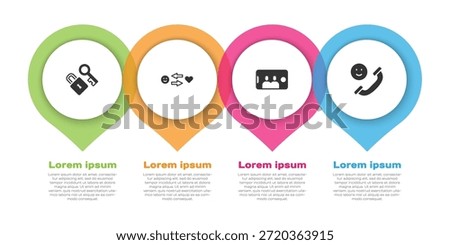 Set Lock with key, Romantic relationship, Selfie mobile and Incoming call. Business infographic template. Vector