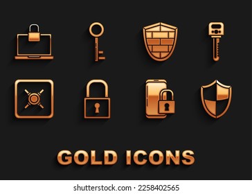 Set Lock, Key, Shield, Smartphone with closed padlock, Safe, cyber security brick wall, Laptop and and icon. Vector