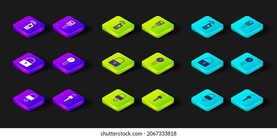 Set Lock and key, Unlocked, Undefined, Car with remote and  icon. Vector