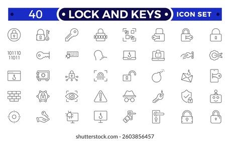 Set of Lock and keys web icons in line style. Guard, cyber security, password, smart home, safety, data protection, key, shield, lock, unlock, eye access. Security outline icon set.
