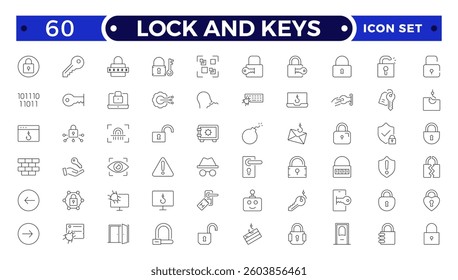 Set of Lock and keys web icons in line style. Guard, cyber security, password, smart home, safety, data protection, key, shield, lock, unlock, eye access. Security outline icon set.
