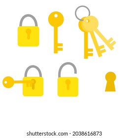Set of lock and keys.Padlock, locked, opened and broken.Concept of setting up protection.Sign, symbol, icon or logo isolated.Cartoon vector illustration.Flat design.Clip art.
