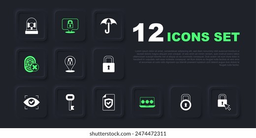 Set Lock, Laptop with password, Cancelled fingerprint, Old key,  and Contract shield icon. Vector