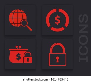 Set Lock, Magnifying glass with globe, Coin money with dollar symbol and Closed wallet with lock icon. Vector