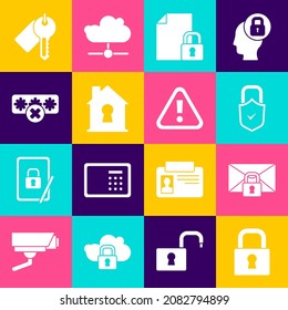 Set Lock, Mail message lock password, and check mark, Document, House under protection, Password, Marked key and Exclamation in triangle icon. Vector