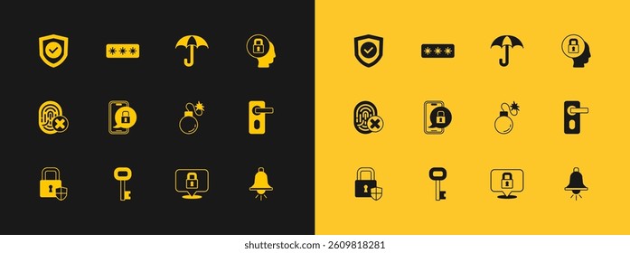 Set Lock, Old key, Bomb, Mobile with closed padlock, Umbrella, Shield check mark and Password protection icon. Vector