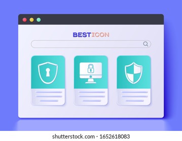 Set Lock on computer monitor screen, Shield with keyhole  and Shield  icon. Vector
