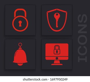 Set Lock on computer monitor screen, Lock , Shield with key  and Ringing bell  icon. Vector