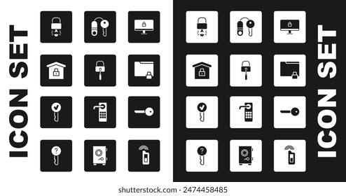 Set Lock on computer monitor, picks for lock picking, House under protection, Key broke inside of padlock, Folder and, with key,  and  icon. Vector