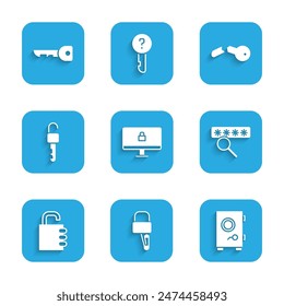 Set Lock on computer monitor, picks for lock picking, Safe, Password protection, combination, Unlocked key, Broken and Key icon. Vector