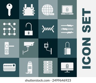 Set Lock on computer monitor, Safe combination lock, Barbed wire, Social network,  Open padlock, Graphic password protection, Key and  icon. Vector