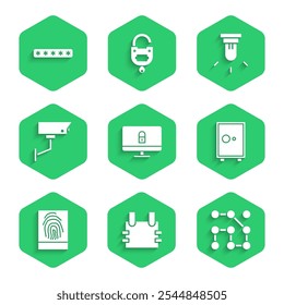 Set Lock on computer monitor, Bulletproof vest, Graphic password protection, Safe, Fingerprint, Security camera, Motion sensor and Password icon. Vector