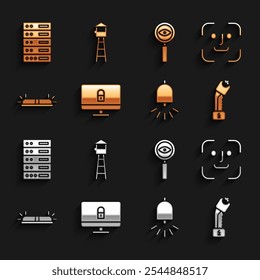 Set Lock on computer monitor, Face recognition, Police electric shocker, Ringing alarm bell, Flasher siren, Magnifying glass Search, Server, Data, Web Hosting and Watch tower icon. Vector