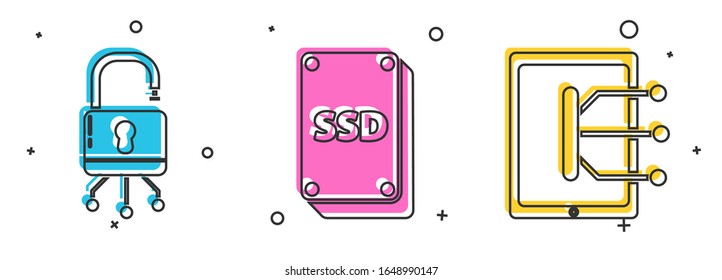 Set Lock on digital circuit board, SSD card and Tablet icon. Vector