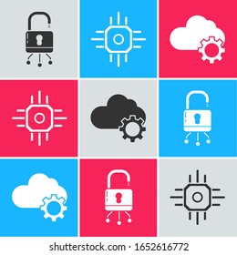 Set Lock on digital circuit board, Processor and Cloud technology data transfer and storage icon. Vector