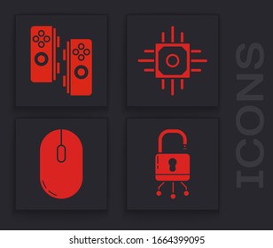 Set Lock on digital circuit board, Gamepad, Processor and Computer mouse icon. Vector