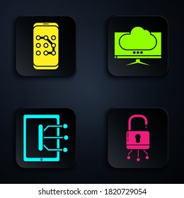 Set Lock on digital circuit board, Mobile and graphic password protection, Tablet and Computer monitor screen. Black square button. Vector