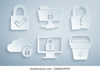 Set Lock on monitor, Broken cracked lock, Cloud computing, Cooler bag, FTP folder and and check mark icon. Vector