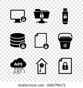 Set Lock on monitor, FTP folder and lock, USB flash drive with, Cloud api interface, Retro wall watch and Document icon. Vector